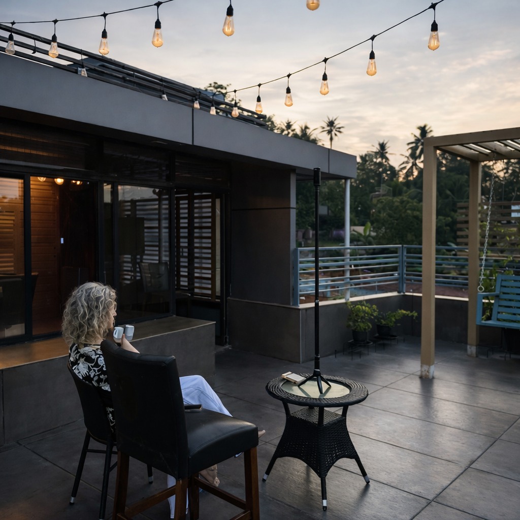 Outdoor rooftop terrace with string lights and sunset views over Kerala greenery at Holiday Island