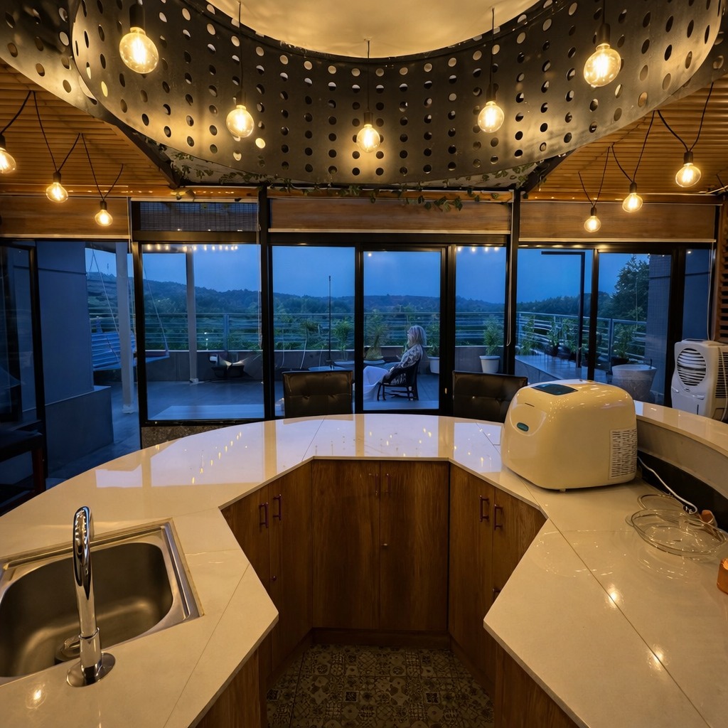 Designer indoor kitchen and breakfast bar with industrial lighting at Holiday Island Boutique Villa