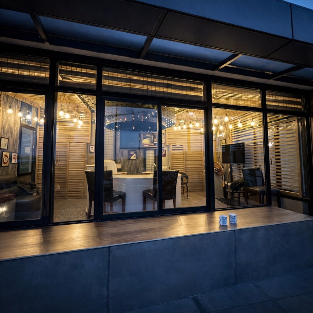  Modern luxury villa exterior at Holiday Island Kerala with warm interior lighting at dusk